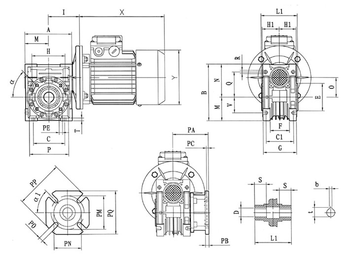 NMRV蝸輪蝸桿減速機(jī)外形尺寸圖(帶電機(jī))