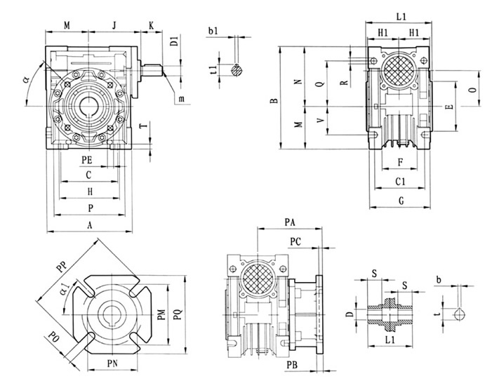 NRV蝸輪蝸桿減速機(jī)外形尺寸圖(軸輸入型)