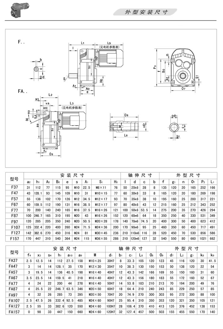 F平行軸斜齒輪減速機(jī)…(軸伸式)、FA…(軸裝式)外型安裝尺寸